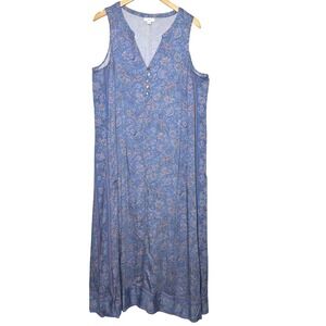 J Jill Dress Large Sleeveless Maxi‎ Blue Pink Floral Paisley Print Pockets